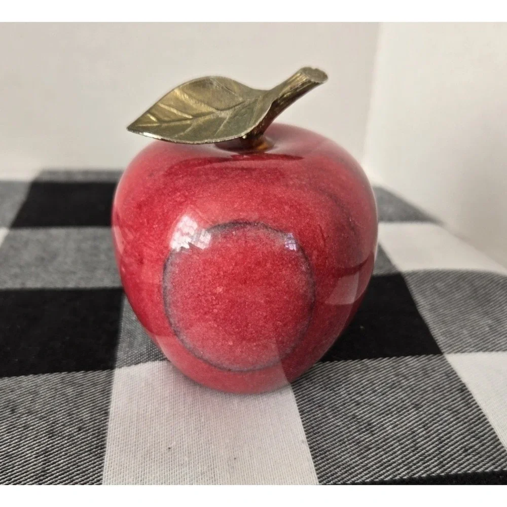 Stone‎ Marble Red Apple Paperweight with Brass Stem Polished Teacher Farmer